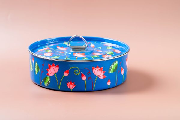 stp-pichwai-blue- Blue enamel pichhwai-style masala dabba