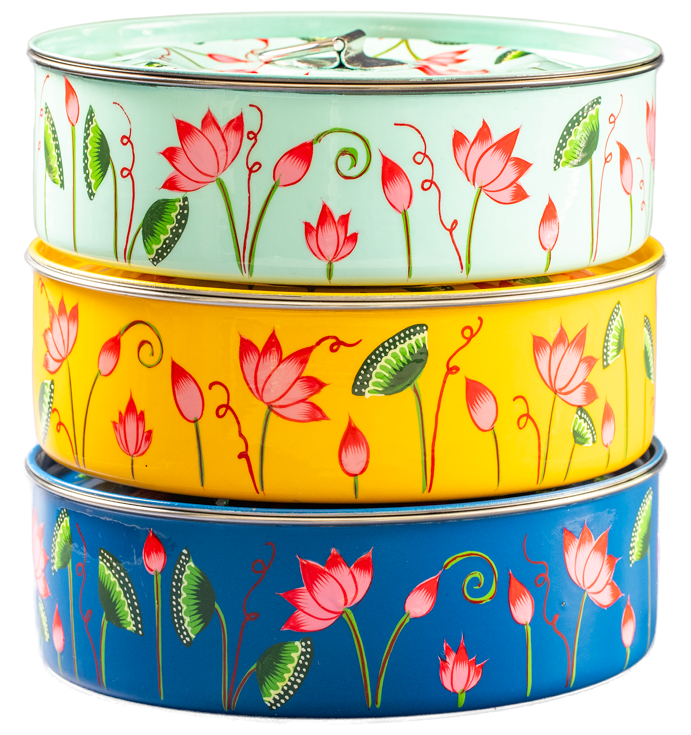 Stack of different color masala dabbas.